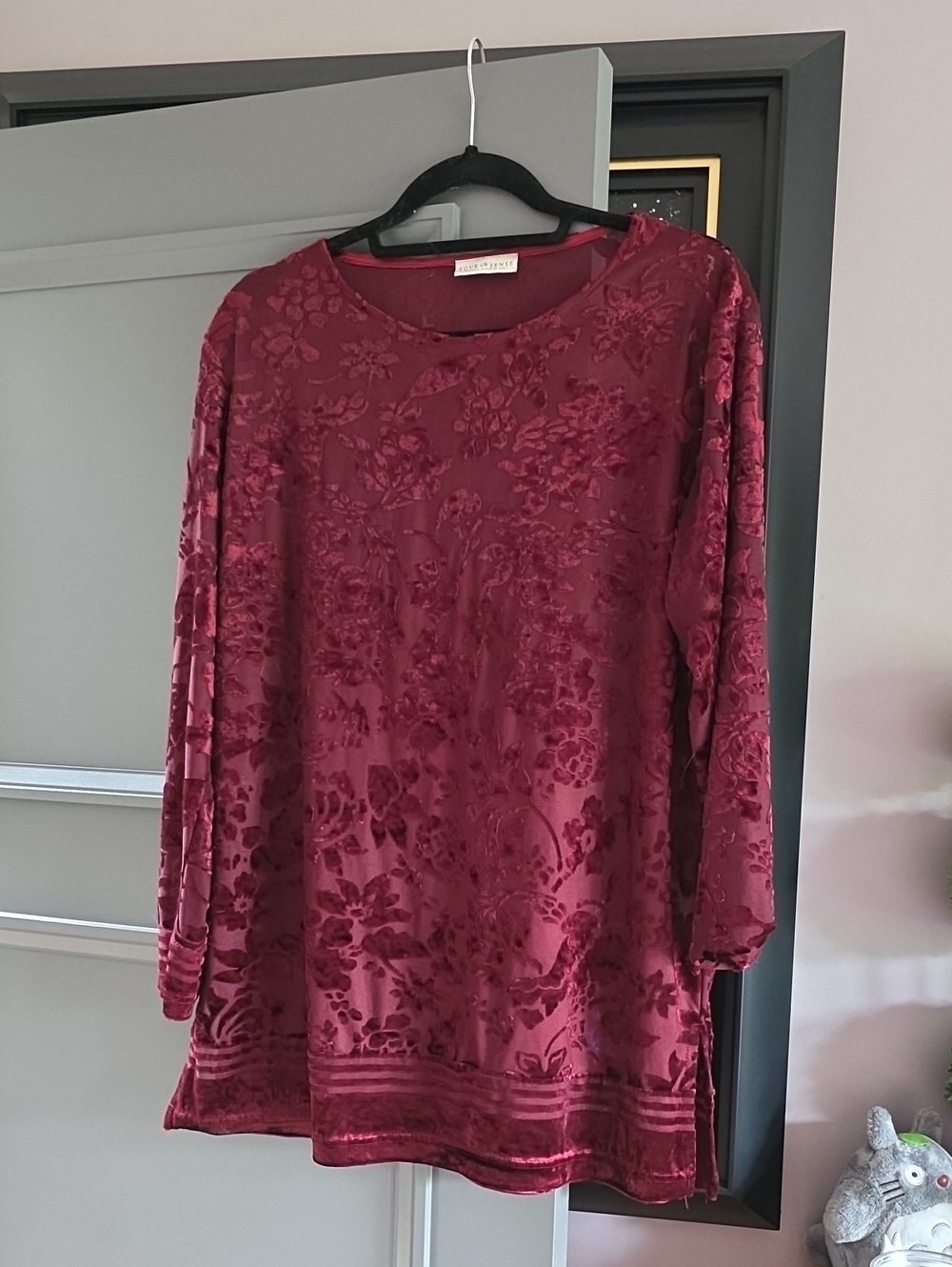 Ruby Red Floral Burnout Velvet Long-Sleeve Top